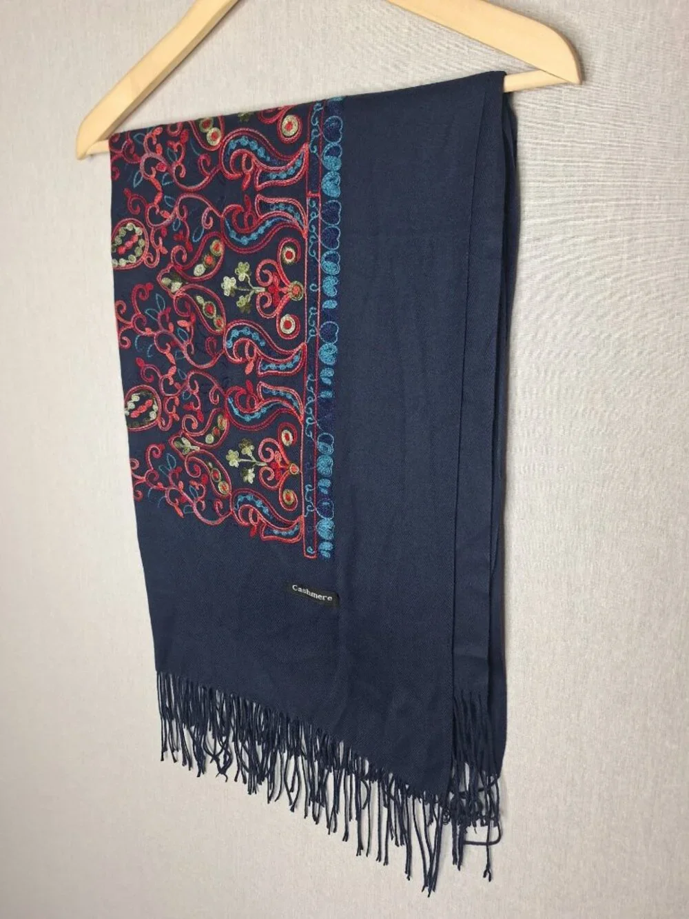 💙 Cashmere Label Oversized Navy Embroidered Paisley Pashmina Scarf Shawl Fringe